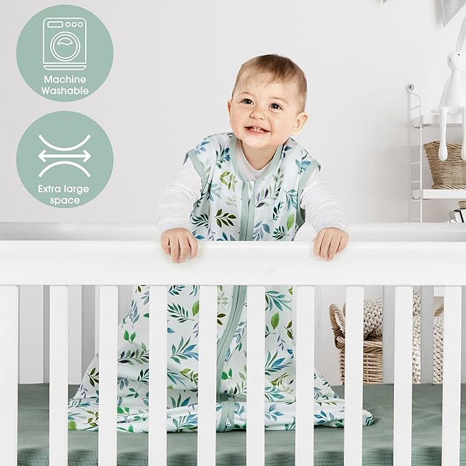 BSTOPPT 3 Pack Baby Sleep Sack 12-18 Months 100% Rayon Cotton Baby Sleeping Bag 2-Way Zipper Toddler Wearable Blankets Comfy Stretchy TOG 0.3 Lightweight（Banana&leaf&green）