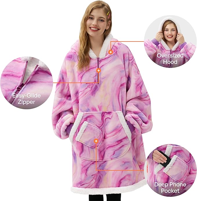 Giggling Getup Wearable Blanket Hoodie for Adults Gifts for Teen Girls Sister Women Sherpa Fleece Printed Hooded Blanket Sweatshirt Warm Cozy with Pocket & Sleeves Purple Texture Pattern