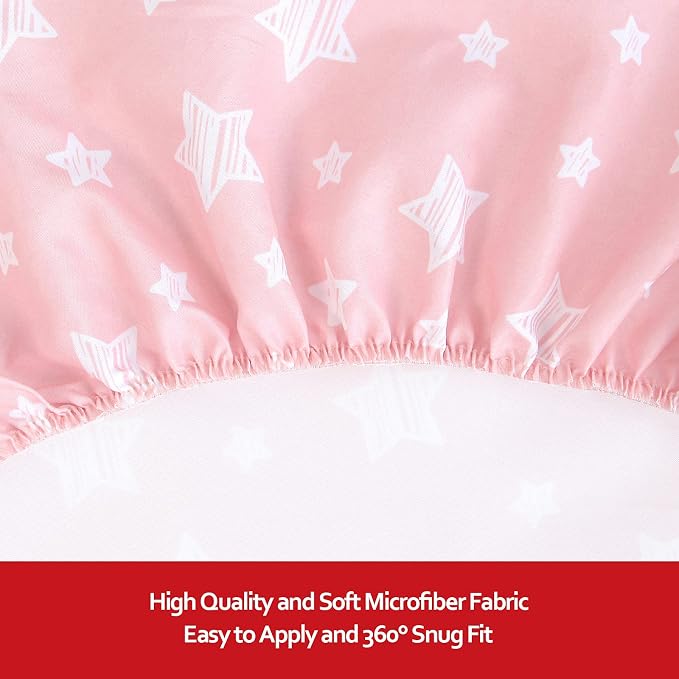 Pack and Play Sheets Girl, 2 Pack Mini Crib Sheets, Stretchy Playard Fitted Sheet, Compatible with Graco Pack n Play, Soft and Breathable Material, Pink&Pink Stars