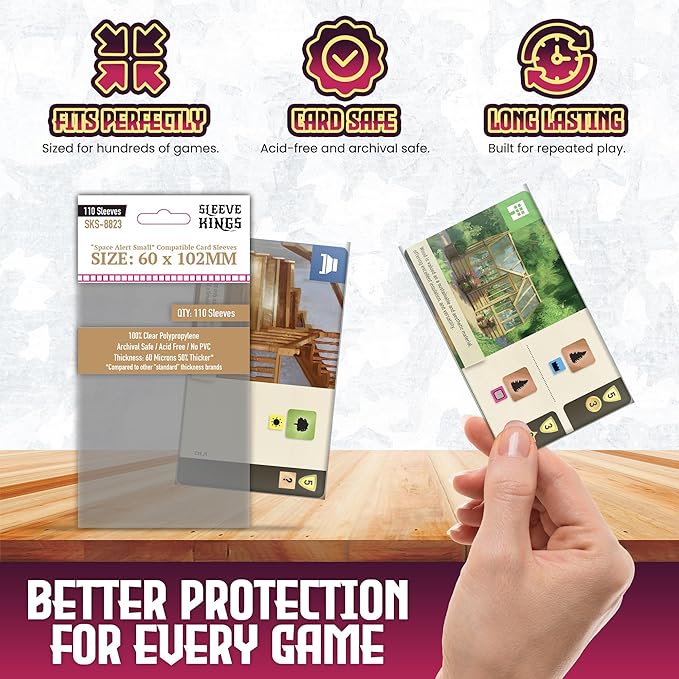 Sleeve Kings Space Alert Compatible Card Sleeves 60x102mm (110 Pack) – 60 Micron Thick, Anti-Split Protection, Extra Clear, More Sleeves Per Pack, Board Game Card Protection - SKS-8823