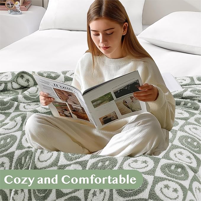 Soft Checkered Throw Blanket for Couch-Cozy Warm Knitted Blankets | Lightweight Warm Fluffy Decor for Women, Mom, Her & Girls, Sofa, Chair, Bed, 50x60in, Seagrass Smiling Face