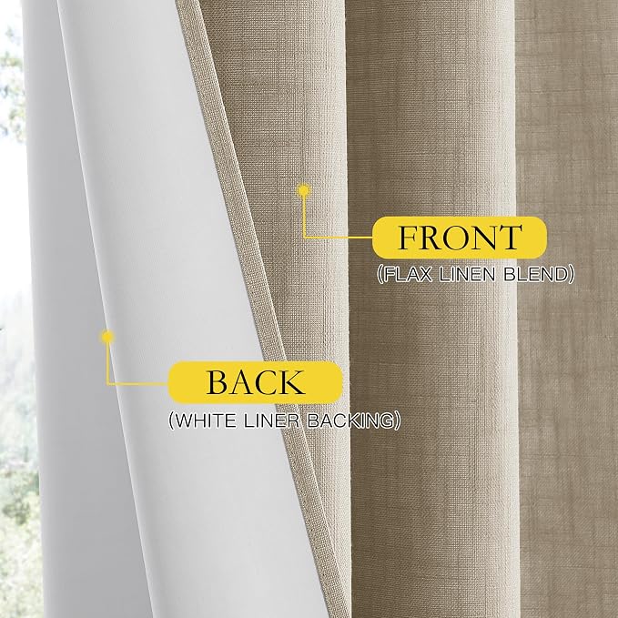 NICETOWN Taupe 100% Blackout Linen Curtains 84 inch Long Burg, Farmhouse Thick Completely Blackout Window Treatment Panels Thermal Insulated Drapes for Living Room (1 Pair, 52" Width Each Panel)