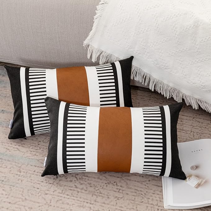 2 Pack 12x20 Lumbar Throw Pillow Covers, Faux Leather & Cotton Canvas with Black Stripes, Rectangular Decorative Pillow Case for Living Room, Sofa, Couch, Bedroom, Modern Farmhouse Home Decor