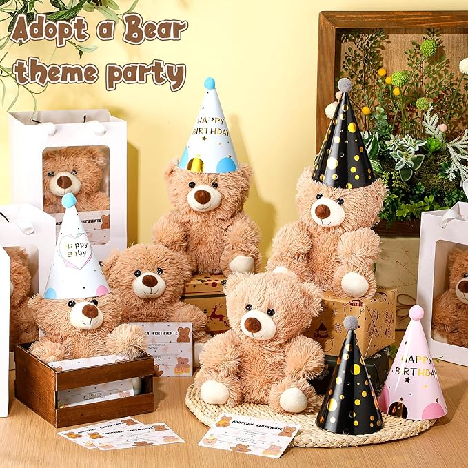HyDren 12 Sets Adopt a Bear Favors Includes 10 Inch 12 Mini Stuffed Bear Plush Bulk Adoption Cards Birthday Hats with Bags for Adopt a Pet Party Birthday Supplies Gifts