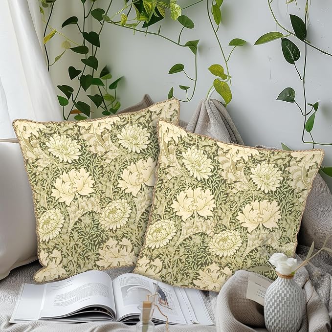 KSLIDS Vintage Green Flowers Soft Velvet Throw Pillow Covers Set of 2 Floral Plant Leaves Decorative Pillow Covers 18x18 Inch Chinoiserie Retro Pillow Case for Sofa Couch Bedroom Farmhouse Home Decor