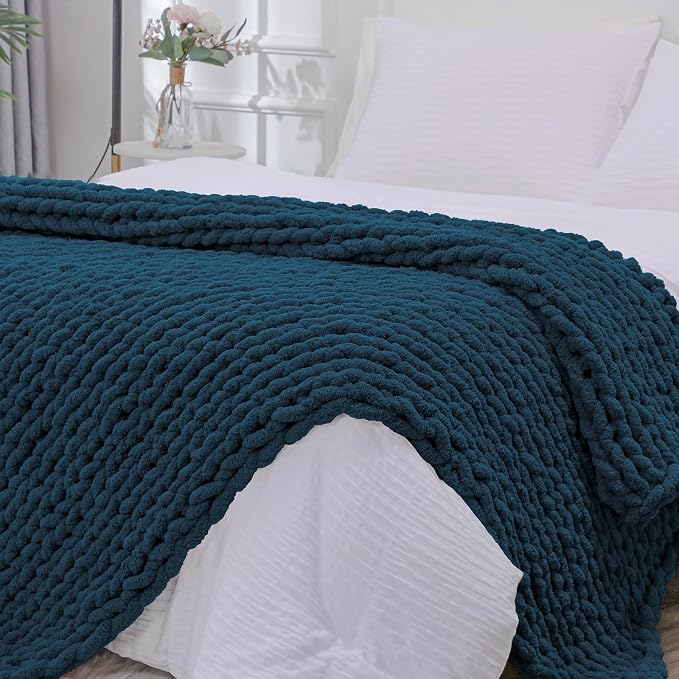 Bigacogo Chunky Knit Throw Blanket for Couch, 51x63 inches, Deep Sea Blue | Hand Knit with Jumbo Chenille, Soft Breathable Cable Knit for Sofa Bed Living Room, Machine Washable, Gift for Mom Friend
