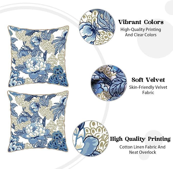 KSLIDS Vintage Floral Soft Velvet Throw Pillow Covers Set of 2 Blue Beige Floral Decorative Pillow Covers 20x20 Inch Chinoiserie Retro Pillow Case for Sofa Couch Bedroom Farmhouse Home Decor