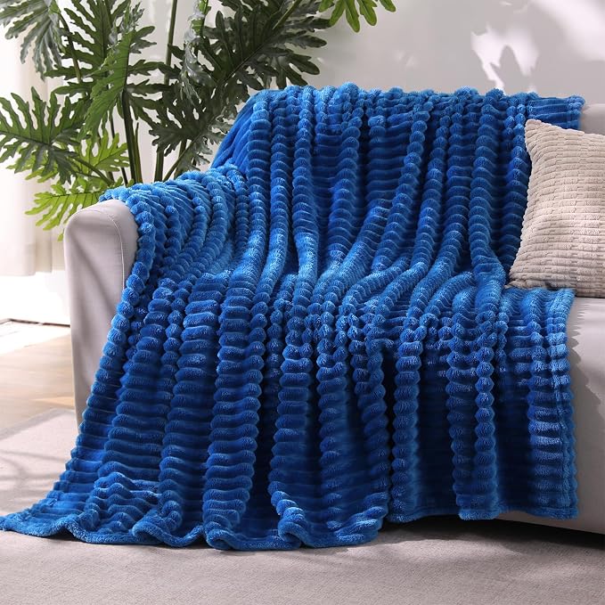 Classic Blue Throw Blanket for Couch Sofa 50"x60" Striped Design | Fleece Blankets Room Home Decor Lightweight Plush Soft Cozy Gifts for Women Mom