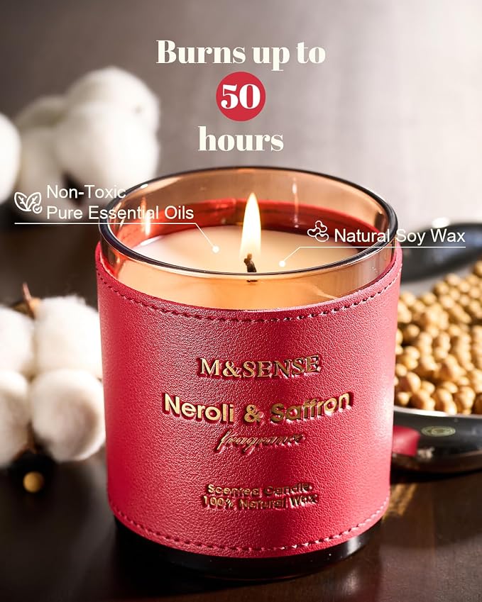 M&SENSE Neroli Saffron Vegan Soy Candle | Non Toxic, 10oz, 42-Hour Long Burning, Winter Aromatherapy, Stress Relief