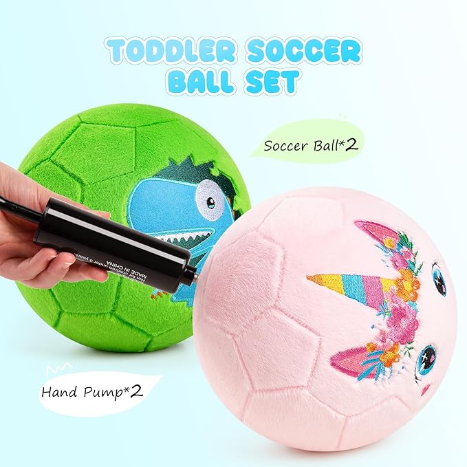 Toddler Soccer Ball with Plush Cover, BPA Free - Size 3 Soccer Ball Soft Touch with Pump for Babies, Toddlers & Kids Ages 1-3 3-5 5-8 - Indoor Outdoor Toys Gift for Boys Girls' Birthday (2 Pack)
