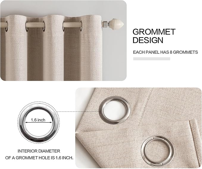 MIULEE 100% Blackout Linen Textured Curtains for Bedroom Solid Thermal Insulated Natural Beige Grommet Room Darkening Curtains & Drapes Luxury Decor for Living Room 52 x 84 Inch (2 Panels)