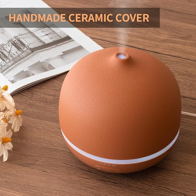 Stone Diffusers for Essential Oils Large Room,500ml Handmade Ceramic Diffuser with 4 Timer & 10 Ambient Light Settings for Home Office (Terracotta)