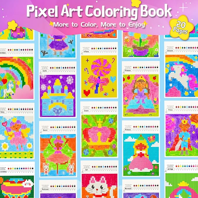 DoodleDoo Coloring Book for Girls Ages 5-8, 20 Pages Paint by Number Princess Coloring Books, Educational DIY Arts & Crafts Drawing Kit,Kids Party Favors Birthday Gifts for Ages 5 6 7 8 9 10 11 12