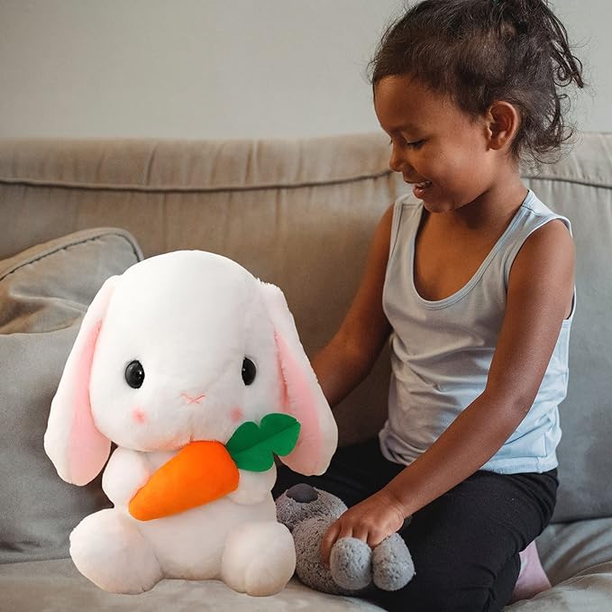 HOUPU Soft Toy - Sitting Lop Eared Rabbit, Easter White Rabbit Stuffed Bunny Animal with Carrot Soft Lovely Realistic Long-Eared Standing Pink Plush Toys (White-Carrot,16.9in/43cm)