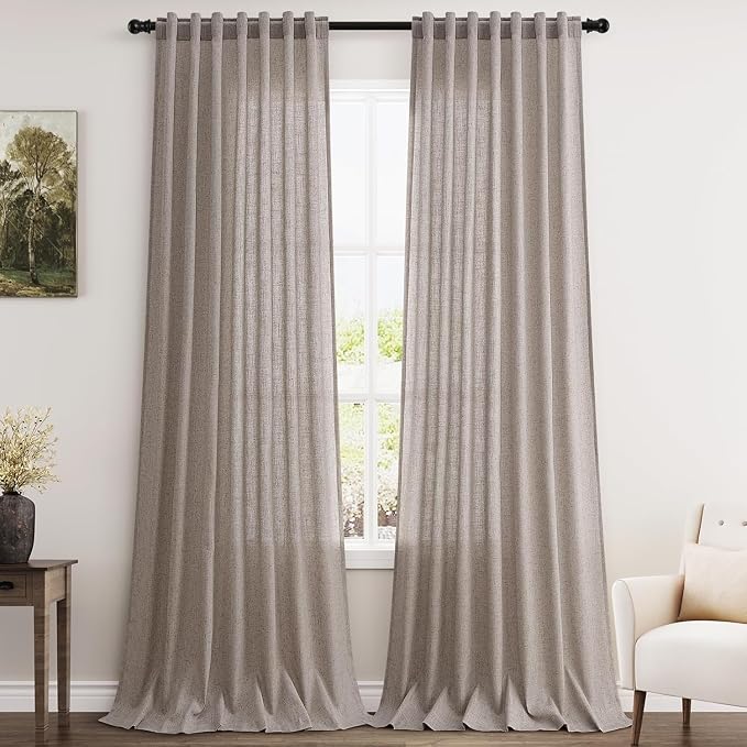 Nanspring Brownish Grey Linen Curtains for Living Room 112 Inches Long Back Tab Light Filtering Semi Sheer Curtain Modern Farmhouse Decor for Bedroom Office Luxury Textured Drapes 52x112, 2 Panels
