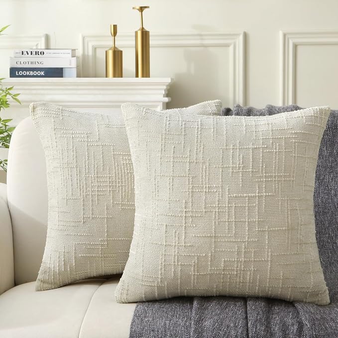 18" x 18" Decorative Throw Pillow with Inserts, Set of 2 Soft Modern Farmhouse Throw Pillows, Square Boho Pillow for Couch, Bed, Sofa Decor (White, 18" x 18"(Pack of 2))