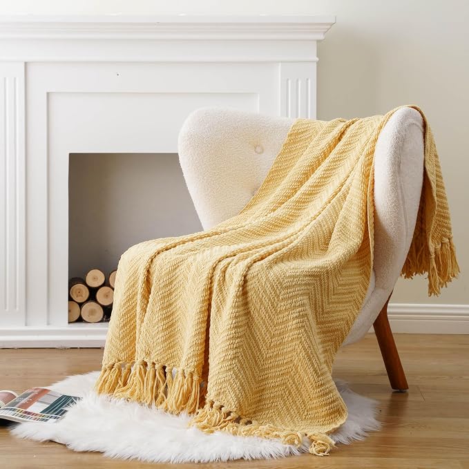 BATTILO HOME Gold Throw Blanket for Couch, Knit Yellow Throw Versatile for Chair, Super Soft Warm Mustard Throw Blanket with Tassels for Twin Bed, Sofa and Living Room, 60"x80"