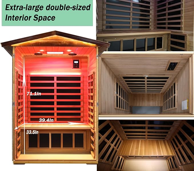 Full Spectrum Ultra-Low EMF Outdoor Sauna 2 Person, Red Cedar Far Infrared Saunas for Home, Near&Mid-IR Light, EMF 0.1-1.5mG, Bluetooth & Chromotherapy