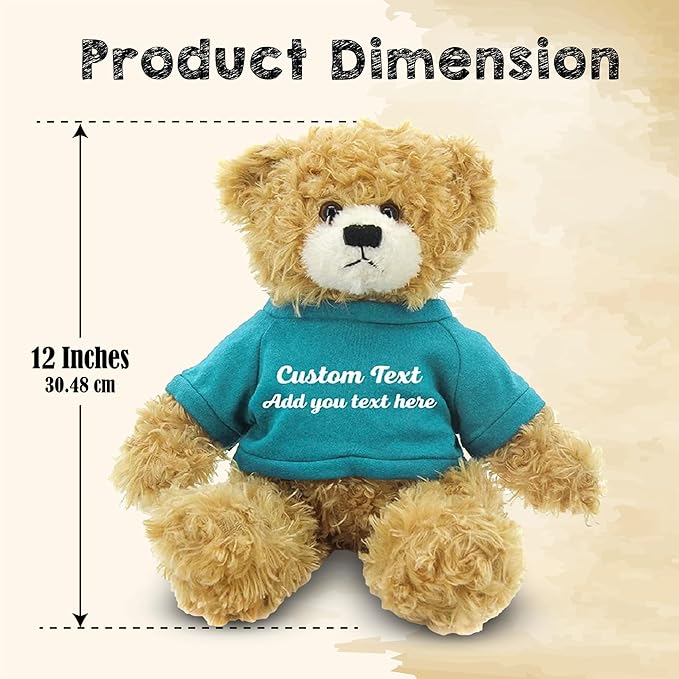 Customized Beige Brandon Bear - 12 inch Personalized Stuffed Bear Plush Toy - Perfect Custom Shirt Bear Gift for Graduation Valentines Graduation Easter Holidays (Teal Shirt)