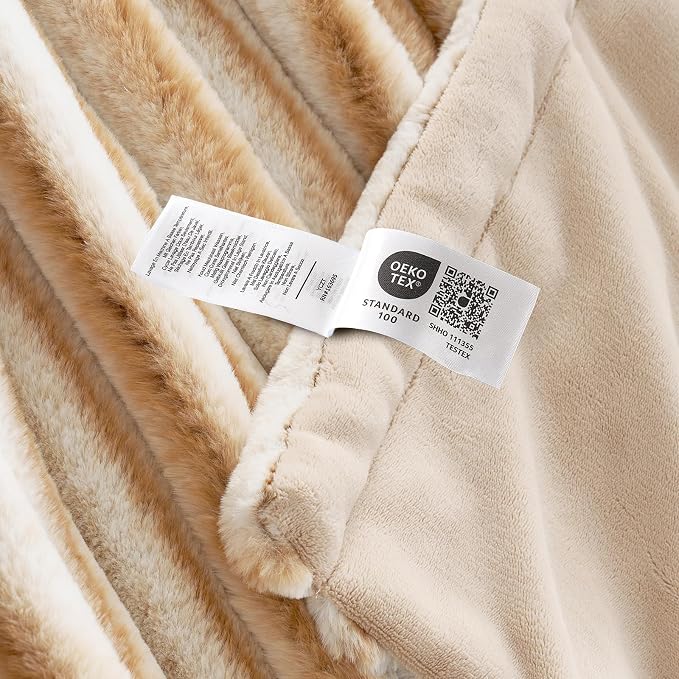 Cozy Bliss Faux Fur Throw Blanket for Couch, Cozy Warm Plush Striped Blanket for Sofa Bedroom Living Room,60 * 80 Inches Khaki
