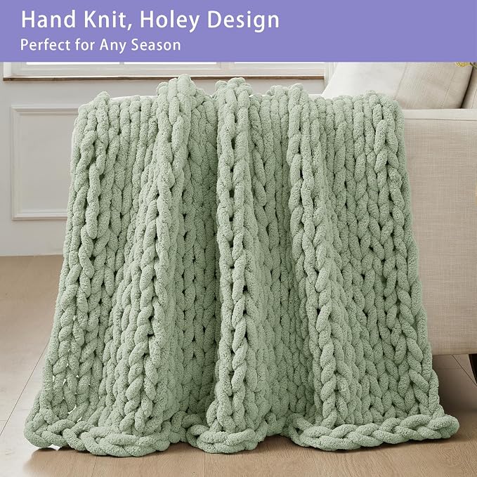 Bigacogo Chunky Knit Throw Blanket for Couch, 51x63 inches, Sage Green | Hand Knit with Jumbo Chenille, Soft Breathable Cable Knit for Sofa Bed Living Room, Machine Washable, Gift for Mom Friend