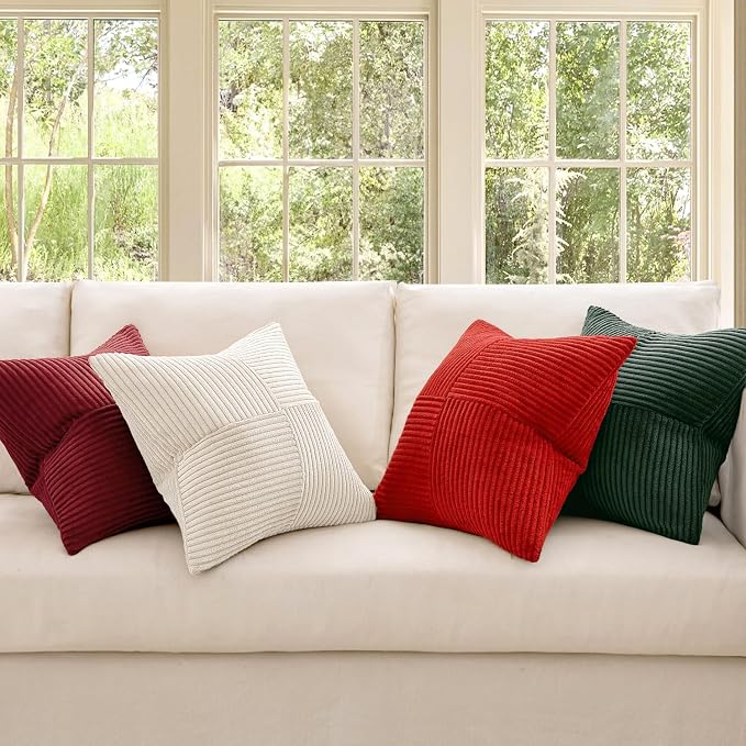 MIULEE Boho Christmas Red Decorative Throw Pillow Covers 18x18 Set of 4 Farmhouse Cushion Covers Color-Clash Corduroy Pillow Cases Modern Soft Corduroy Patchwork Home Decor for Couch Sofa Bedroom