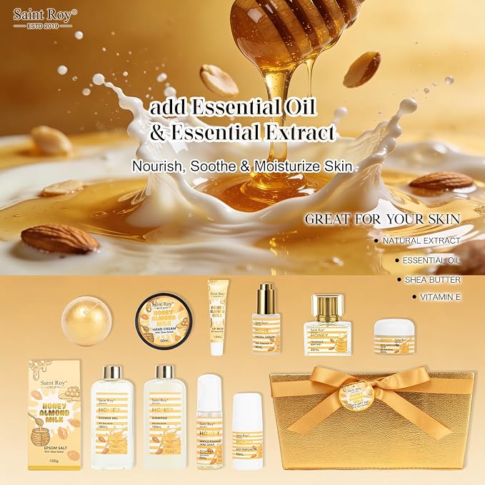 34Pcs Spa Gift Set for Women Men, Honey Almond Milk Bath & Body Gift Basket | Face Skin Care Kit, Home Spa Self Care Kit, Self-Care Gift, Pamper Kit Birthday, Christmas, Mother Day, Anniversary, Husband