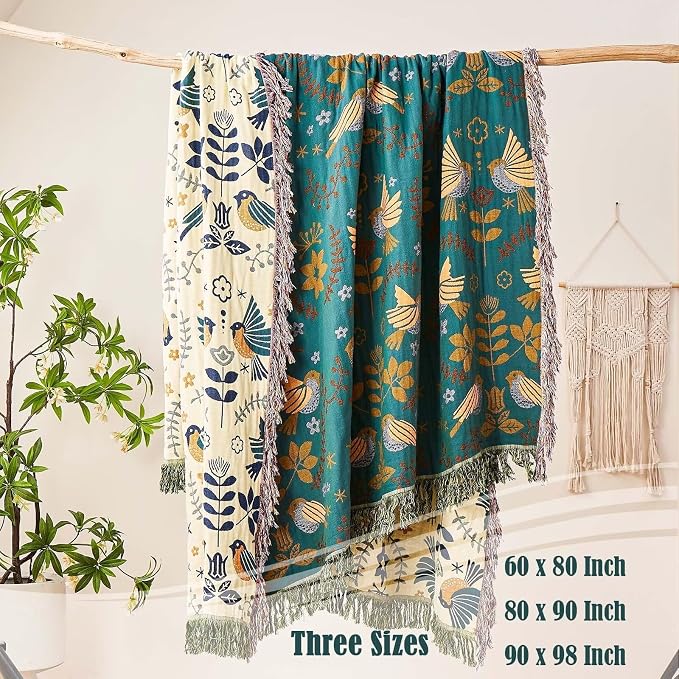 XIBLC Boho Throw Blanket, 100% Cotton Ultra Soft Luxury Throw Rustic Quilt, 60"x80" Floral Printed Farmhouse Decor Bed Summer Blankets, All Season Rustic Reversible Bohemian Throw for Bed - Blue