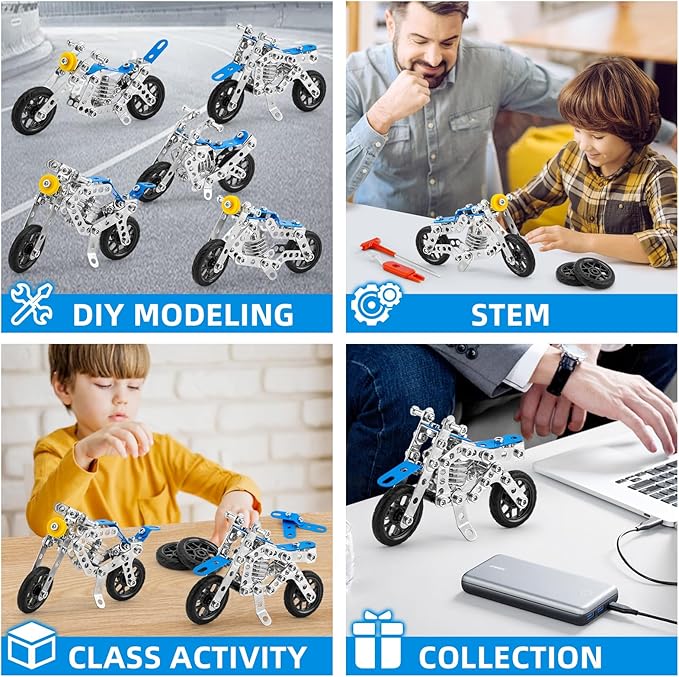 Building Kit Model Motorcycle Set, 5 in 1 Metal Motorbike STEM Project Building Toys for Kids Ages 8-12, DIY Assembly Metal Motorcycle Toys Model Gift
