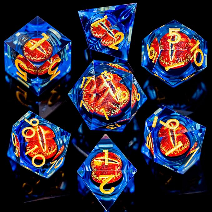 ARUOHHA DND Resin Dice Gazes Eye Dice Golden Blue Liquid Core Flaming RPG Sharp Edged Dice Set with Gift Box, Polyhedral D and D Dice Set Compatible with Dungeons Dragons Role Playing Game D20 D6