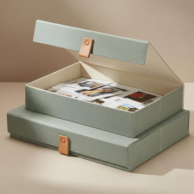 ZICOTO Decorative Photo Storage Boxes with Lids - Set of 2 Beautiful Linen Organizers Are Perfect to Safely Store Your Pictures, Documents, Scrapbooking Supplies, Keepsakes and Other Memories in Style