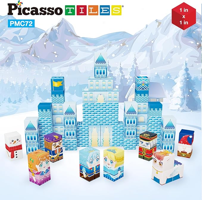 PicassoTiles Magnet Cube Winter Ice Themed Mix and Match Building Block Castle Construction Toy with 7 Magnetic Cubed Character Action Figures STEM Learning Education Sensory Pretend Play Age 3+ PMC72