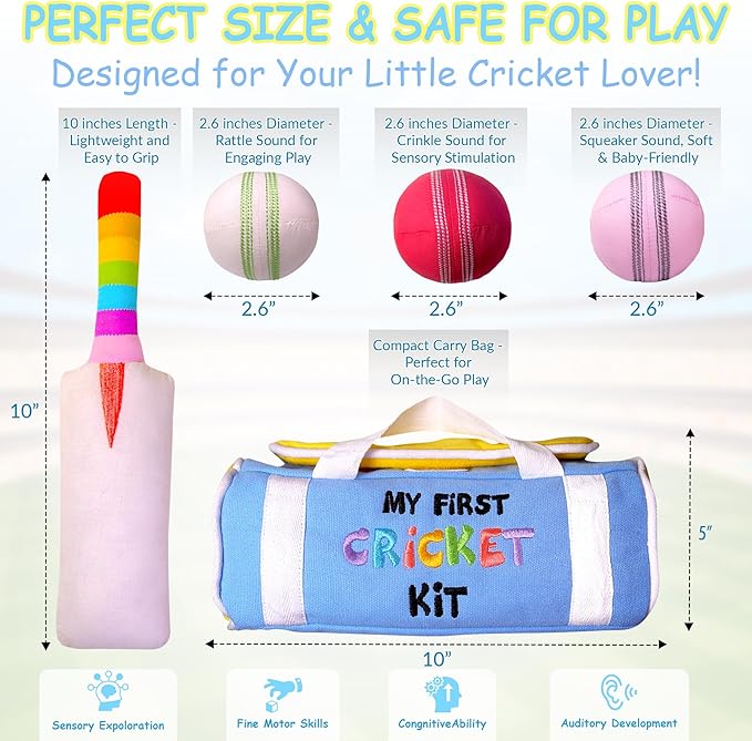 My First Cricket Kit | Cotton Soft Plush Toy | Gift Baby and Infant 0+ Months | 3 Soft Sensory Cricket Balls – Rattle, Crinkle, Squeaker & 1 Rainbow Rattle Cricket Bat | Safe, Fun, Educational