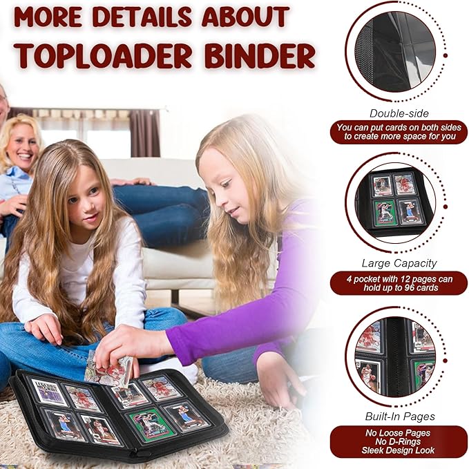 Toploader Binder 4 Pocket, Top Loader Card Storage Holds 96 Cards Top Loader Binder for Trading Cards 3" x 4" Rigid Card Holders and Sports Cards Organized