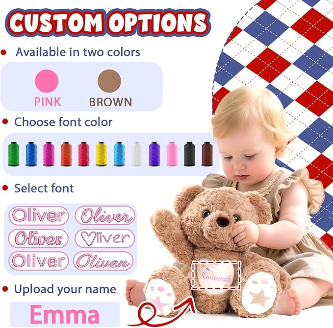 Customized Plush Teddy with Embroidered Name, Handmade Baby Shower & Birthday Gifts for Toddlers Newborns, Personalized Stuffed Animal for Girls & Boys (Teddy)