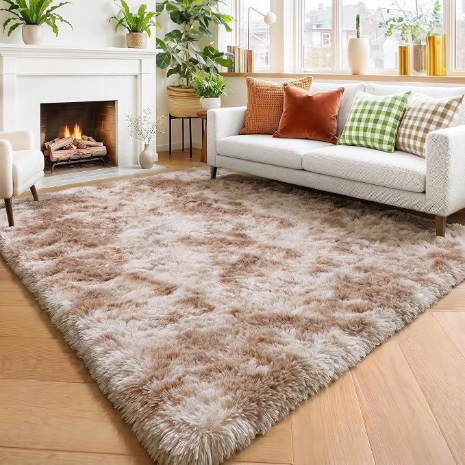 Amdrebio Beige Tan Furry Plush Area Rug 5x7 for Bedroom Living Room Nursery | Shag Cozy Thick Fluffy Shaggy Khaki Carpet, Classroom Playroom Dorm Home Office Decor, Neutral Aesthetic, Baby Kids Corner