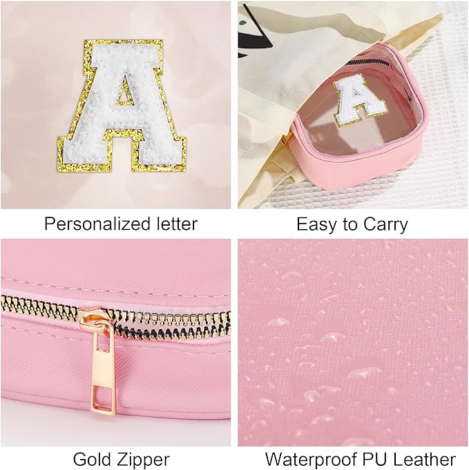 YOOLIFE Initial Mini Makeup Bag | Make Up Bag Travel Toiletry Bag | Clear Makeup Bag | Preppy Cosmetic Bags Organizer Travel Essentials Gifts for Women Teen Girlfriend Teacher Birthday Gifts Pink A
