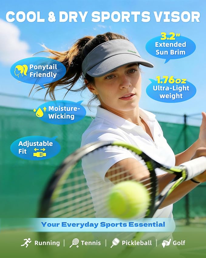 Sun Visor Hats for Women Men - Wide Brim Quick Dry Adjustable Hat | Upf 80+ Sun Protection Sport Hat, Cooling Sweatband; Breathable Quick-Dry Fabric Visors for Running, Tennis, Golf, Sports