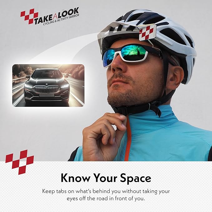 Take A Look Cycling Mirror with Helmet Adapter & Carry Case – Low-Tech Rearview Mirror for Bikes – fits Helmet & Sunglasses – Shatter-Resistant Polycarbonate Lens, Always On (Left-Side)