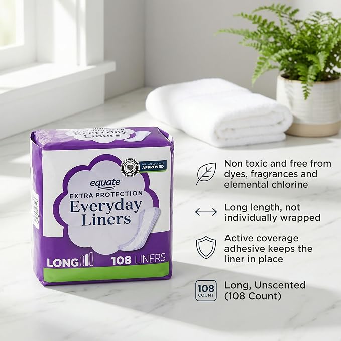 Extra Protection Panty Liners Long Length – 108 Count, Daily Pantiliners for Women, Unscented Cotton Feel, Extra Long Pantyliners for Everyday Use (Pack of 2)