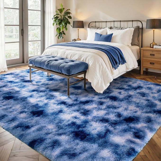 6x9 ft Fuzzy Rug for Living Room Soft Fluffy Blue White Bedroom Area Rugs Non-Slip Shaggy Carpet for Nursery Kids PlayRoom Dorm Office Indoor Modern Plush Carpets