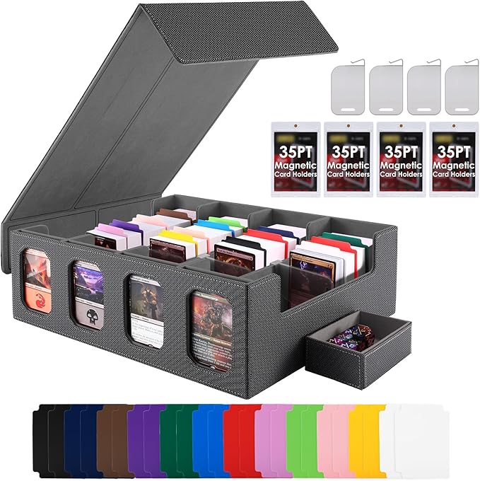 Trading Card Storage Box with Commander Display, 4-Row Deck Case with Removable Lid, 3200+ MTG Deck Box with 24 Colorful Divider, 4 Magnetic Card Holders, 4 Stoppers, Dice Tray(Black Grey)