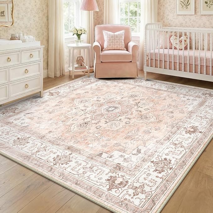 CAPALOCA Square 8ft Washable Nursery Girls Low Pile Area Rug Pink | Non-Slip Soft Rugs for Bedroom Kids Playroom Living Room, Print Pattern Water Repellent Carpet Indoor Decor