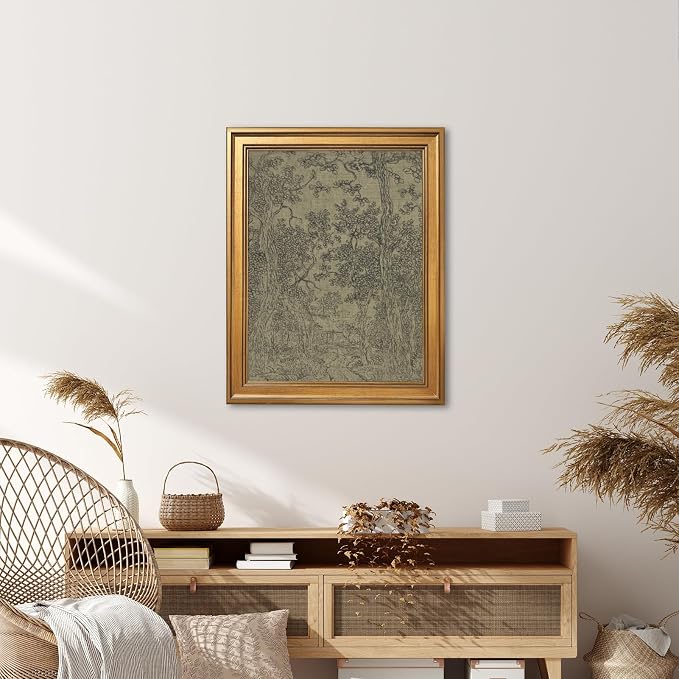 Gold Framed Antique Textile Landscape Sketch Wall Art Painting Moody Vintage Drawing Print Rustic Old-World Picture Poster Neutral Canvas Artwork for Living Room Study Entryway Home Decor 16x20inch