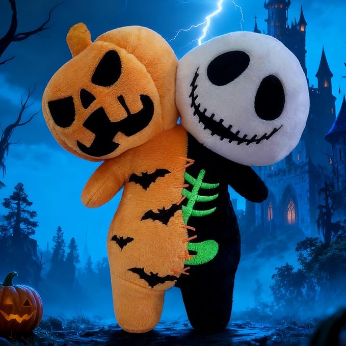 Horror Reversible Glow Plush Creepy Stuffed Animal Toy Scary Pumpkin & Skeleton Buddy Doll for Kids & Game Fans Great Gift for Birthday Halloween Christmas Party