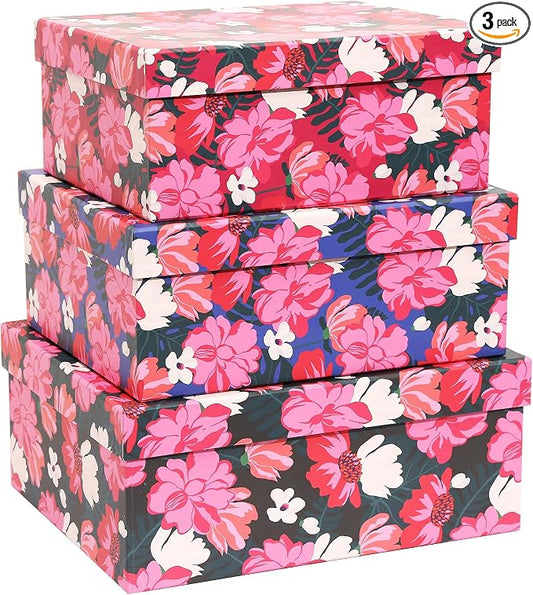 3-Piece Decorative Storage Boxes with Lids, Vibrant Pink and White Flower, Paperboard Keepsake box Set, Photo Storage Box for Memory, Home Decor, Knick-knacks Organizer, Shelf Decor