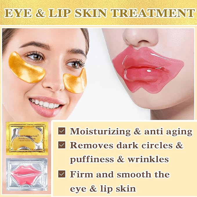 30PCS Lip Mask & Under Eye Mask, 24K Under Eye Patches for Puffy Eyes, Pink Lip Masks Skincare, Effectively Moisturizing the Skin, Reducing Fine Lines & Dark Circle