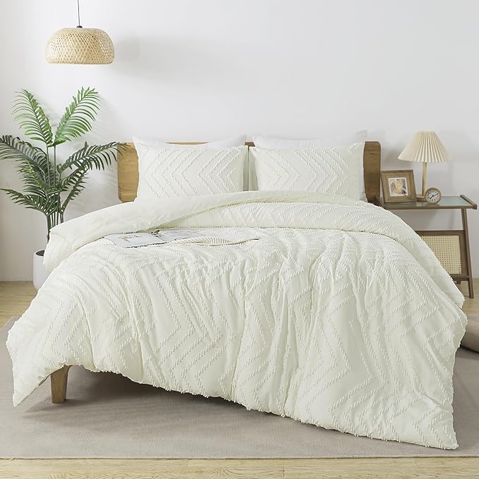 Andency Ivory Oversized Super King Comforter Set, Boho Soft Warm Tufted Neutral Bedding Comforter Sets, 3 Pieces Aesthetic Chevron Farmhouse Cute Bohemian Textured Bedding Set