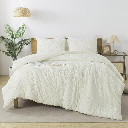 Andency Ivory Oversized Super King Comforter Set, Boho Soft Warm Tufted Neutral Bedding Comforter Sets, 3 Pieces Aesthetic Chevron Farmhouse Cute Bohemian Textured Bedding Set