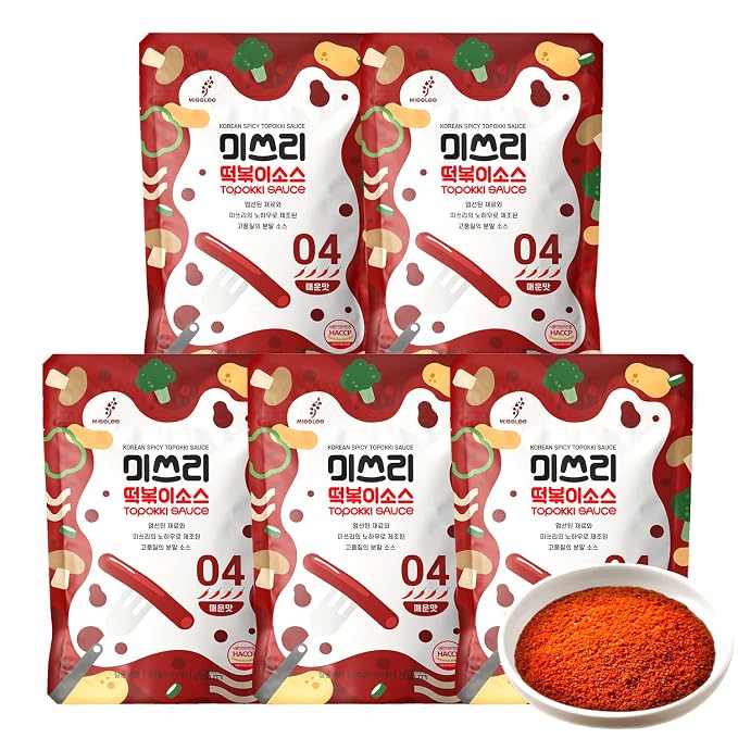 MISSLEE Tteokbokki Sauce Mix (5 Pack, 2 Servings Each), Level 2 Original, Korean Powder Sauce for Rice Cakes, Stir-Fries, and More (1.76 oz(pack of 5), Hot)